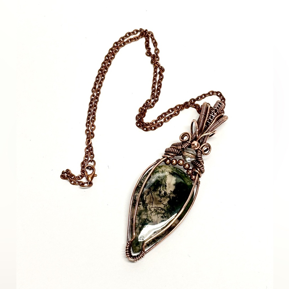 HANDMADE MOSS Agate & Clear Quartz Hand Wrapped Copper Statement Necklace, Gift - Picture 2 of 10